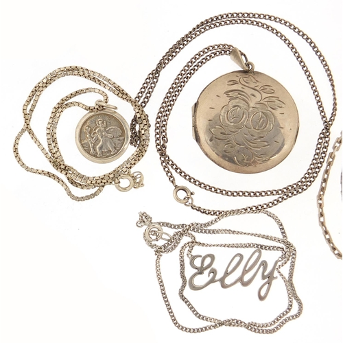 1202 - Four silver pendants on silver necklaces including a circular locket and jadeite, 53.8g