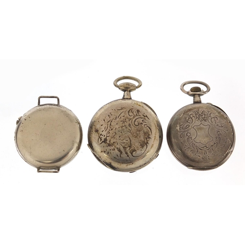 600 - Two open face pocket watches and a military interest wristwatch including one silver, the largest 44... 