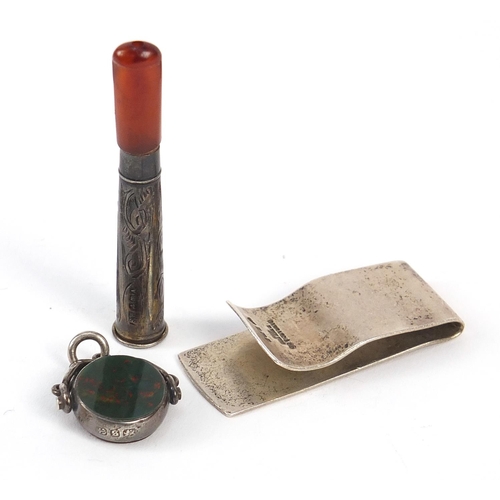 846 - Silver objects comprising Victorian bloodstone and carnelian spinner fob, cheroot holder and money c... 