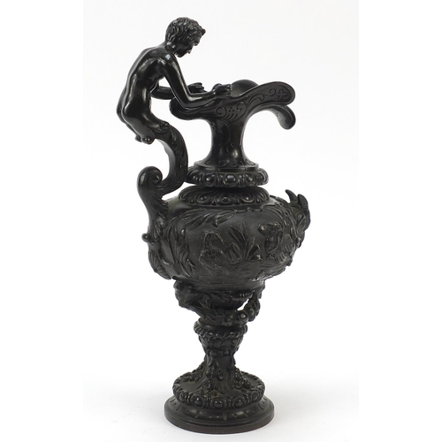 149 - Classical patinated bronze ewer having a merman handle and cast with mythical animals, 29cm high