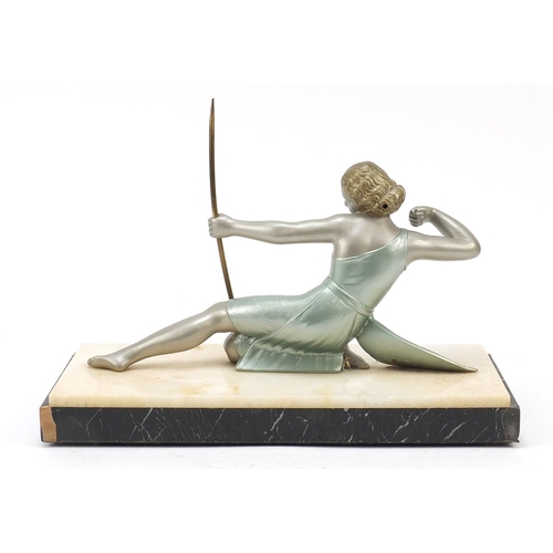 312 - Art Deco onyx and marble sculpture surmounted with a silvered archer, 28cm wide