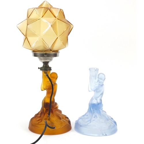 5 - Walther & Sohne, two German Art Deco glass Rotterdam lamps including one with shade, the largest 41c... 
