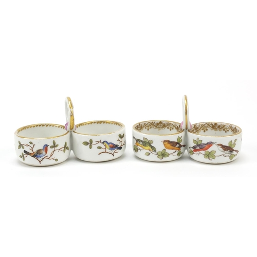 3 - Meissen, pair of German porcelain twin divisional salts hand painted with birds and insects amongst ... 