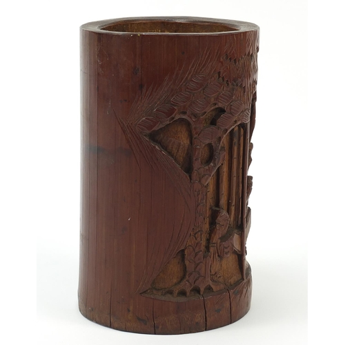 349 - Chinese bamboo brush pot carved with figures, 16.5cm high