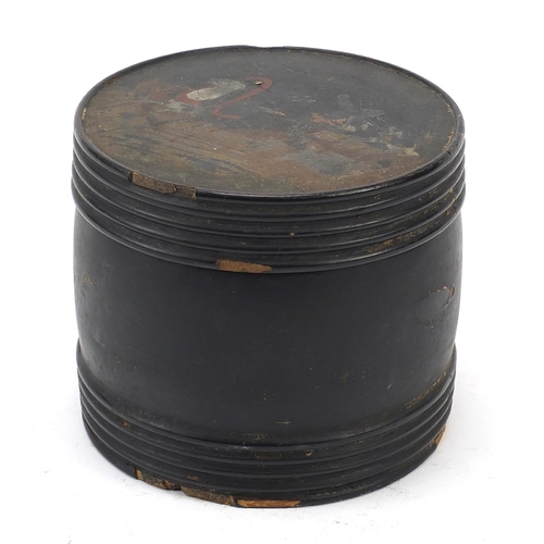 1932 - Russian black lacquered barrel tea caddy hand painted with a troika, 11cm high