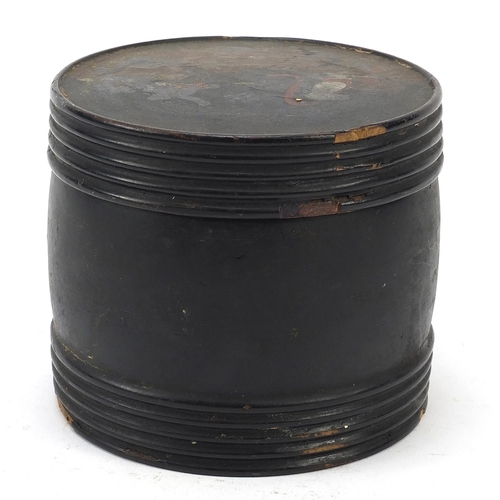1932 - Russian black lacquered barrel tea caddy hand painted with a troika, 11cm high
