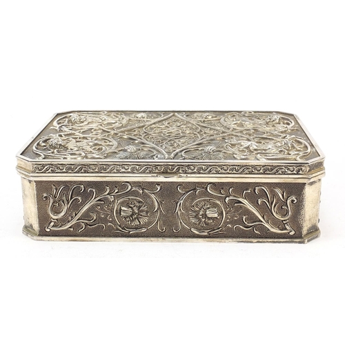 520 - Classical silver plated jewellery box with canted corners, decorated in relief with Putti amongst fl... 