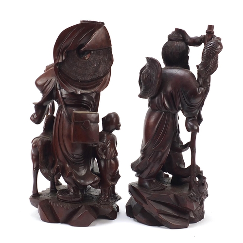 976 - Large pair of Chinese root carvings of fishermen with children, the largest 41.5cm high