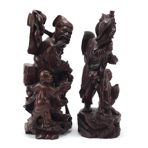 976 - Large pair of Chinese root carvings of fishermen with children, the largest 41.5cm high