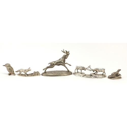 509 - Alden Arts silver plated animals including an otter and two stags, the largest 17.5cm wide