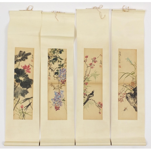 362 - Attributed to Wang Xuetao - Flowers, four screen, set of four Chinese ink and watercolour paper scro... 