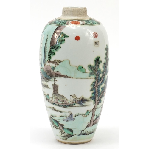 228 - Chinese porcelain tea caddy hand painted in the famille verte palette with figures in boats in a mou... 