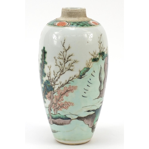 228 - Chinese porcelain tea caddy hand painted in the famille verte palette with figures in boats in a mou... 