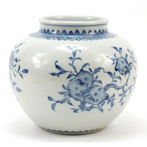 957 - Chinese blue and white porcelain globular vase hand painted with fruit and flowers within ruyi head ... 