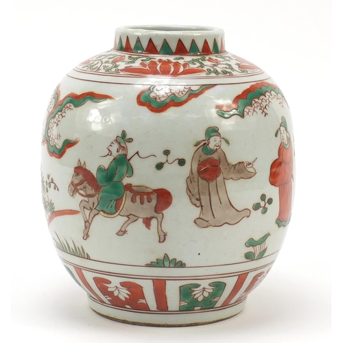 659 - Chinese porcelain jar hand painted in the wucai palette with figures on horseback in a palace settin... 