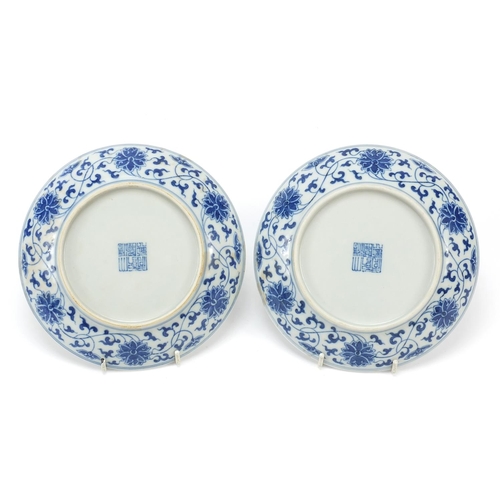 565 - Pair of Chinese blue and white porcelain dishes hand painted with flower heads amongst scrolling fol... 