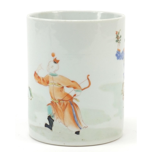 219 - Chinese porcelain cylindrical brush pot hand painted in the famille rose palette with an archer and ... 