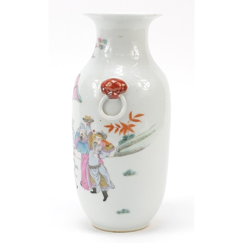 87 - Chinese porcelain vase with animalia ring turned handles, finely hand painted in the famille rose pa... 