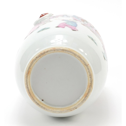 87 - Chinese porcelain vase with animalia ring turned handles, finely hand painted in the famille rose pa... 