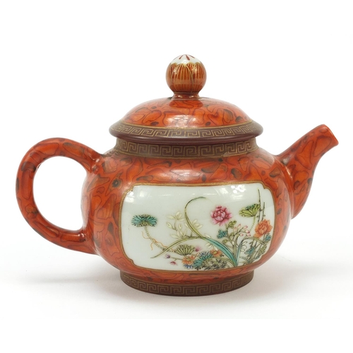 29 - Chinese porcelain faux bois ground teapot, finely hand painted in the famille rose palette with two ... 