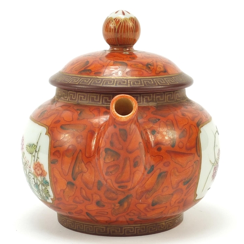 29 - Chinese porcelain faux bois ground teapot, finely hand painted in the famille rose palette with two ... 