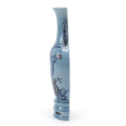 91 - Chinese porcelain vase wall pocket with elephant head handles having a clair de lune glaze, hand pai... 