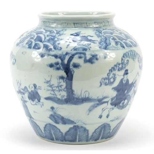 654 - Chinese blue and white porcelain jar hand painted with figures on horseback in a landscape, 24cm hig... 