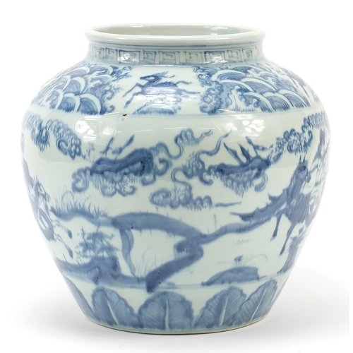 654 - Chinese blue and white porcelain jar hand painted with figures on horseback in a landscape, 24cm hig... 