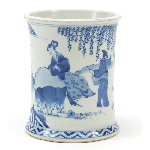 93 - Chinese blue and white porcelain brush pot hand painted with figures in a palace setting, Kangxi lea... 