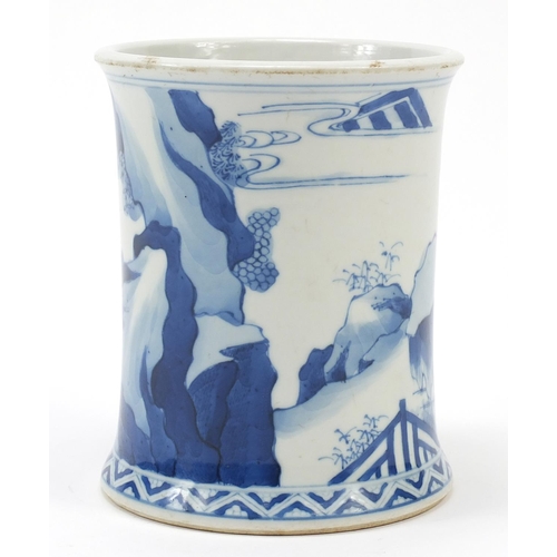 93 - Chinese blue and white porcelain brush pot hand painted with figures in a palace setting, Kangxi lea... 