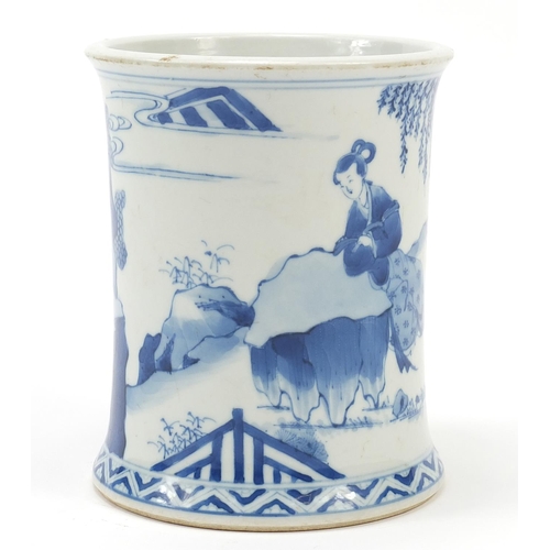 93 - Chinese blue and white porcelain brush pot hand painted with figures in a palace setting, Kangxi lea... 