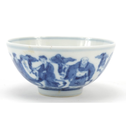 969 - Chinese blue and white porcelain bowl hand painted with eight immortals, six figure character marks ... 