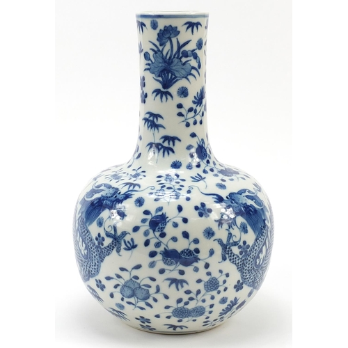 652 - Large Chinese blue and white porcelain vase hand painted with dragons amongst blossoming flowers, fo... 