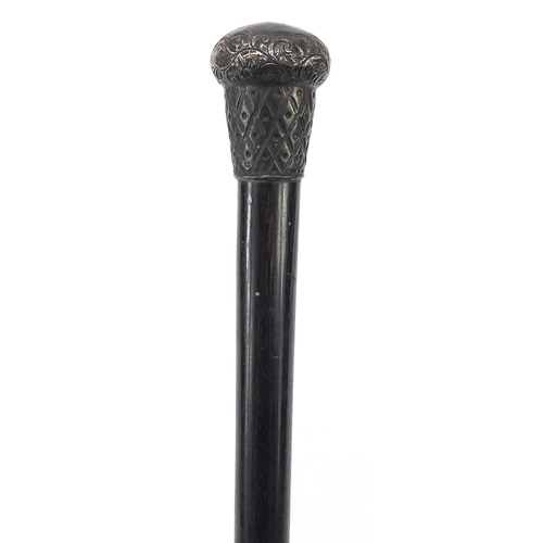 393 - Victorian ebonised walking stick with embossed silver pommel, London 1894, 85cm in length