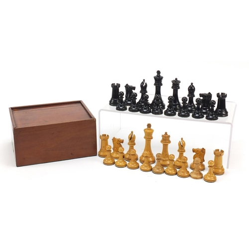 1238 - Boxwood and ebonised Staunton chess set with mahogany box, possibly Jaques, the largest piece each 9... 