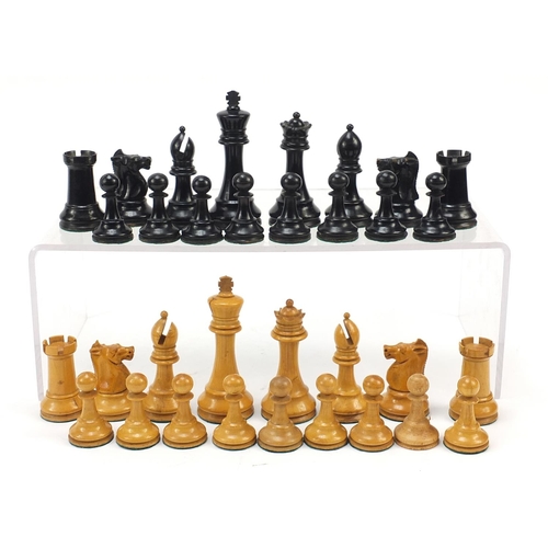 1238 - Boxwood and ebonised Staunton chess set with mahogany box, possibly Jaques, the largest piece each 9... 