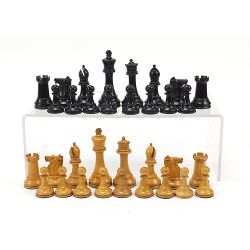 1238 - Boxwood and ebonised Staunton chess set with mahogany box, possibly Jaques, the largest piece each 9... 