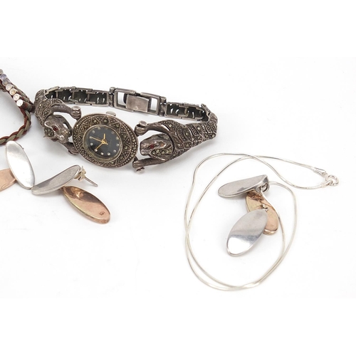 783 - Silver jewellery comprising Links of London cord bracelet, marcasite leopard watch, pendant on chain... 