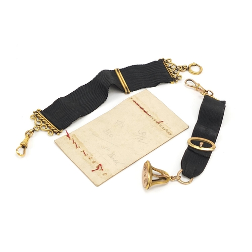 1144 - Two Victorian gold coloured metal watch ribbons, one with fob and two 9ct gold safety chains