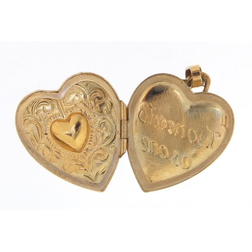 870 - 9ct gold love heart locket engraved 'two hearts as one', 2.5cm high, 1.5g