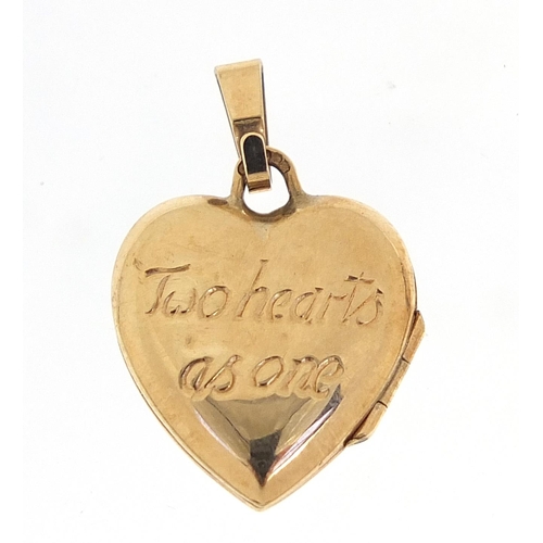 870 - 9ct gold love heart locket engraved 'two hearts as one', 2.5cm high, 1.5g