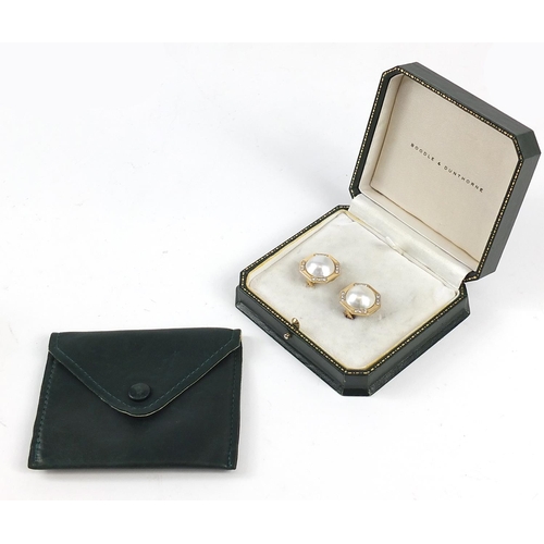 166 - Pair of 14ct gold pearl and diamond earrings, housed in a Boodle & Dunthorne leather box, each 20mm ... 