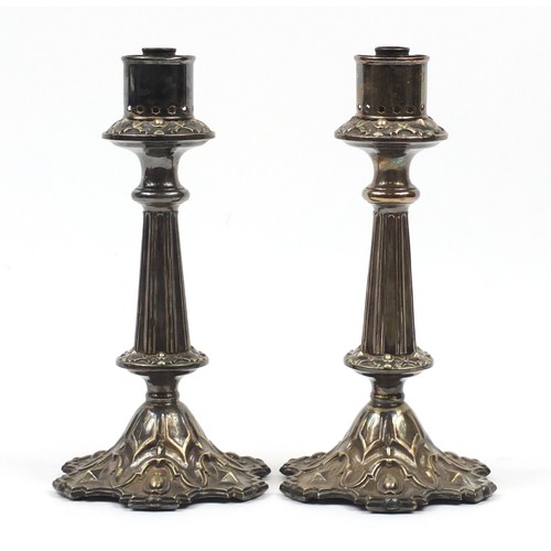 586 - Pair of Gothic Revival silver plated altar candlesticks, each 31.5cm high