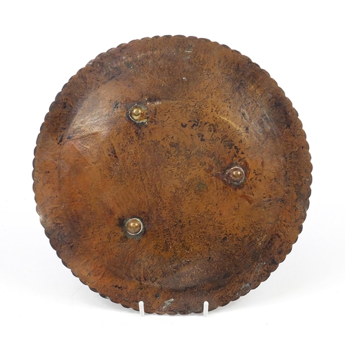 201 - Islamic Cairoware copper three footed dish with silver inlay, 30cm in diameter