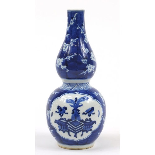 34 - Chinese blue and white porcelain double gourd vase hand painted with Daoist emblems and lucky object... 