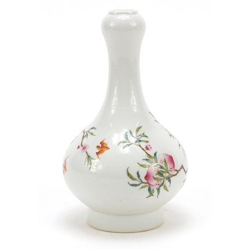 348 - Chinese porcelain garlic head vase hand painted with blossoming peach trees, four figure iron red ch... 