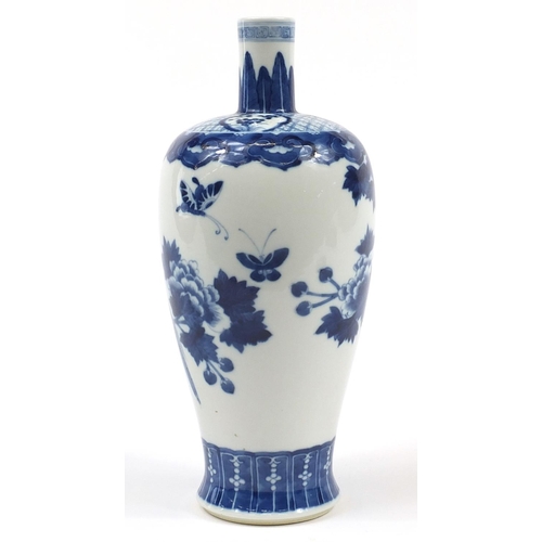 959 - Large Chinese blue and white porcelain vase hand painted with butterflies and a bird amongst blossom... 