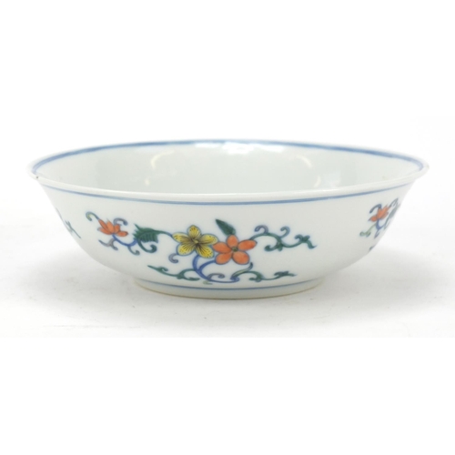 347 - Chinese doucai porcelain shallow bowl hand painted with flowers, six figure character marks to the b... 