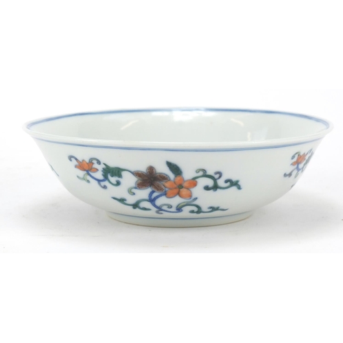 347 - Chinese doucai porcelain shallow bowl hand painted with flowers, six figure character marks to the b... 