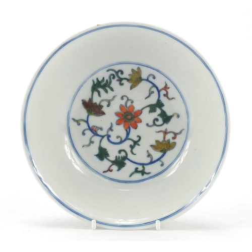 347 - Chinese doucai porcelain shallow bowl hand painted with flowers, six figure character marks to the b... 